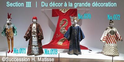 アンリ・マティスNo.71《「ナイチンゲールの歌」の機械仕掛けのナイチンゲールのための衣装》、No.73《「ナイチンゲールの歌」の日本の匠のための衣装》、No.70《「ナイチンゲールの歌」の皇帝のための衣装》、No.72《「ナイチンゲールの歌」の侍従のための衣装》